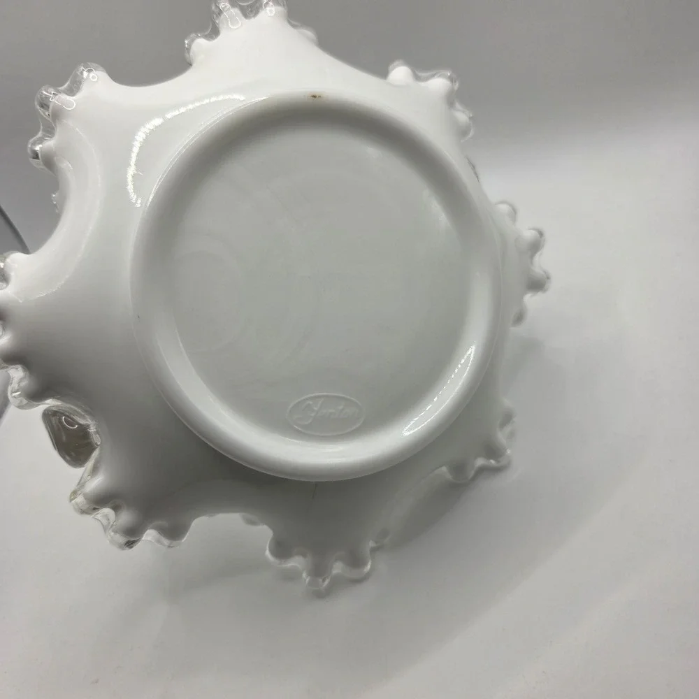 Fenton Milk Glass Silver Crest Ruffled Basket with Clear Handle Vintage 7 inch